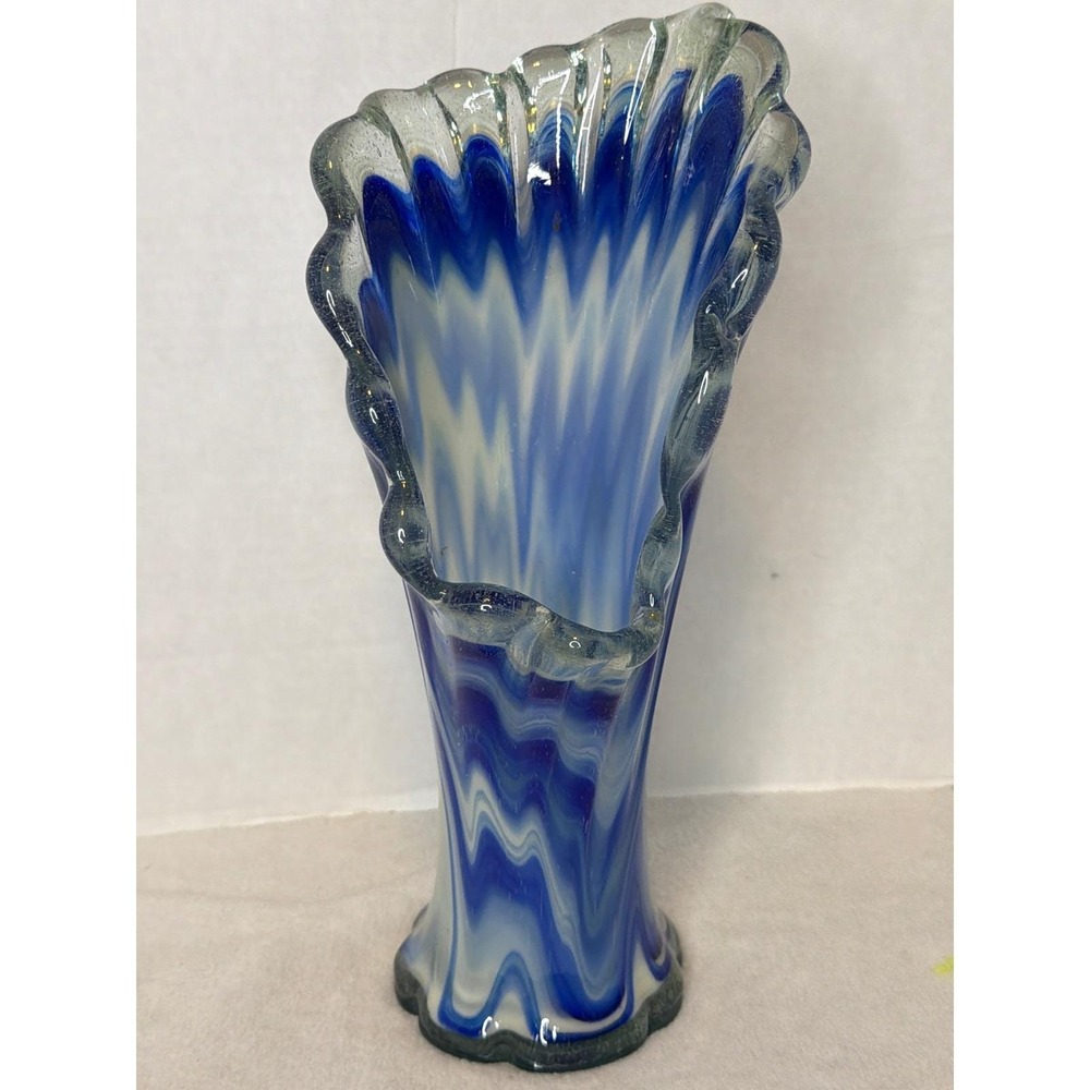 Murano Style Art Glass Vase Blue White Feathered Ruffled Rim Hand Blown Swing